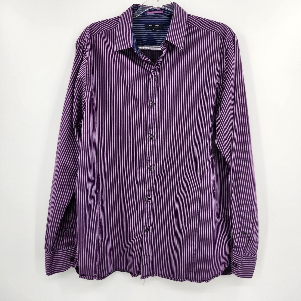 Ted Baker London Mens Long Sleeve Button Front Shirt Size 4/Large Purple Stripe